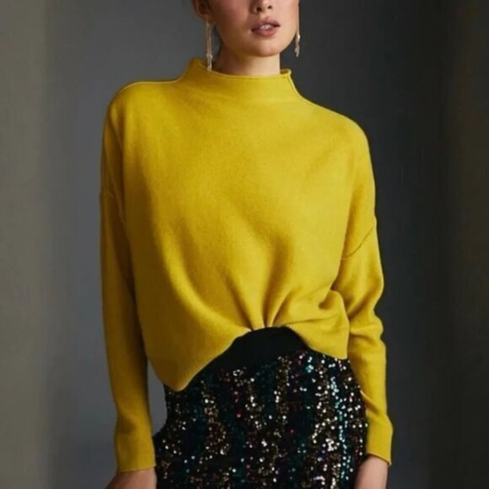 Anthropologie Pilcro Cropped 100% Cashmere Sweater Mustard Yellow Mock Neck XXS
